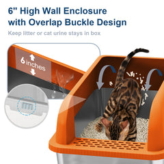Suzzipaws enclosed XL lid-on orange litter box keeps odors contained.