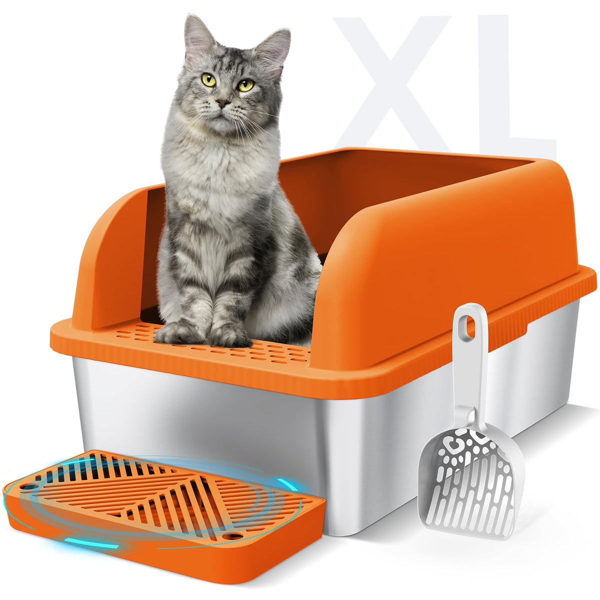 Suzzipaws enclosed XL stainless-steel litter box orange with high sides for cat privacy.