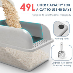 Suzzipaws stainless steel litter box front view shows tall walls for containment.