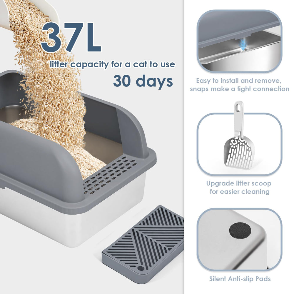 Suzzipaws high-walled stainless steel litter pan reduces splashes and promotes privacy.