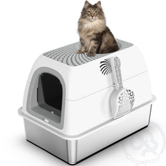 Suzzipaws stainless top-entry litterbox opening showing cat access and privacy benefits