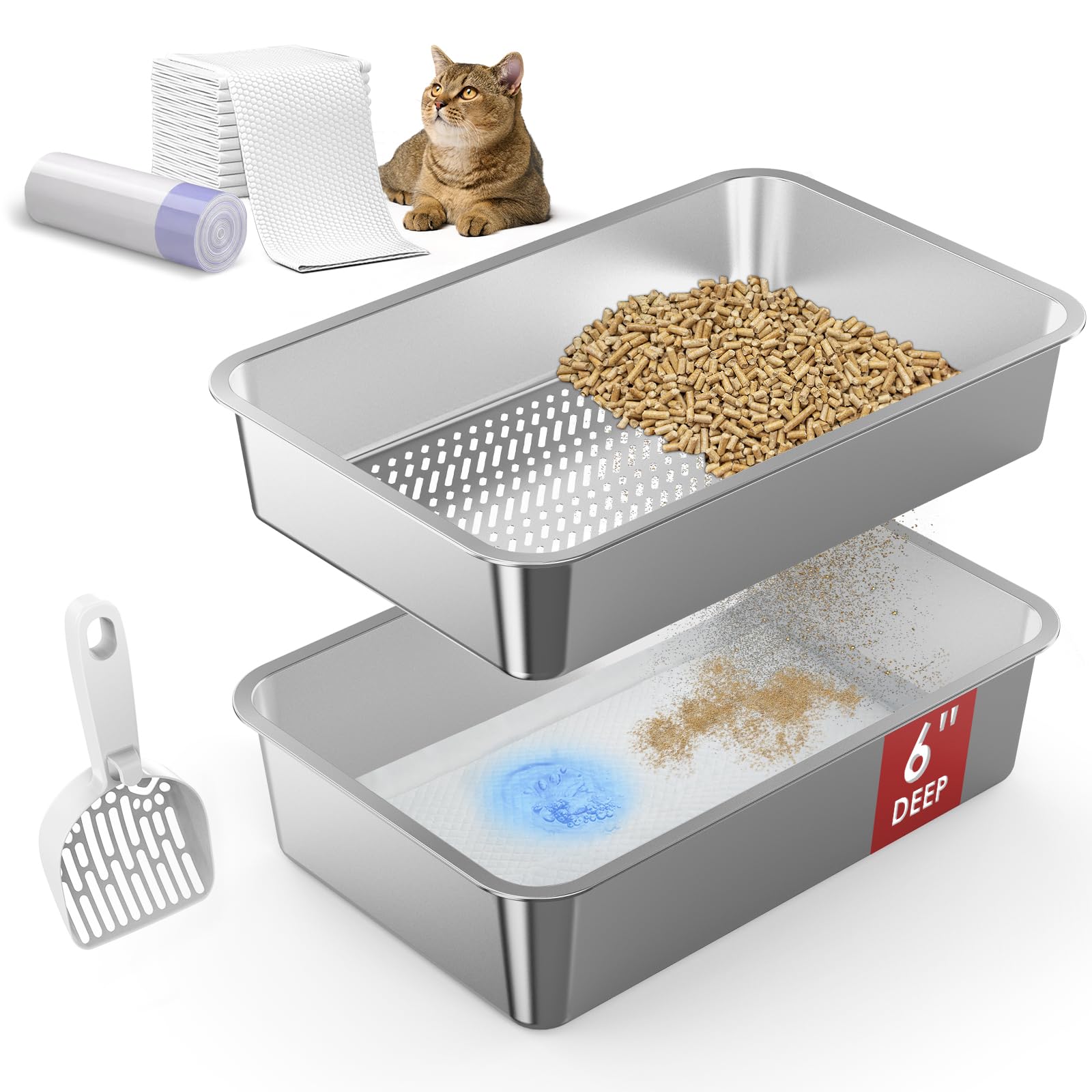 SuzziPaws XL open-top stainless steel litter box with dual-layer sifting for odor control
