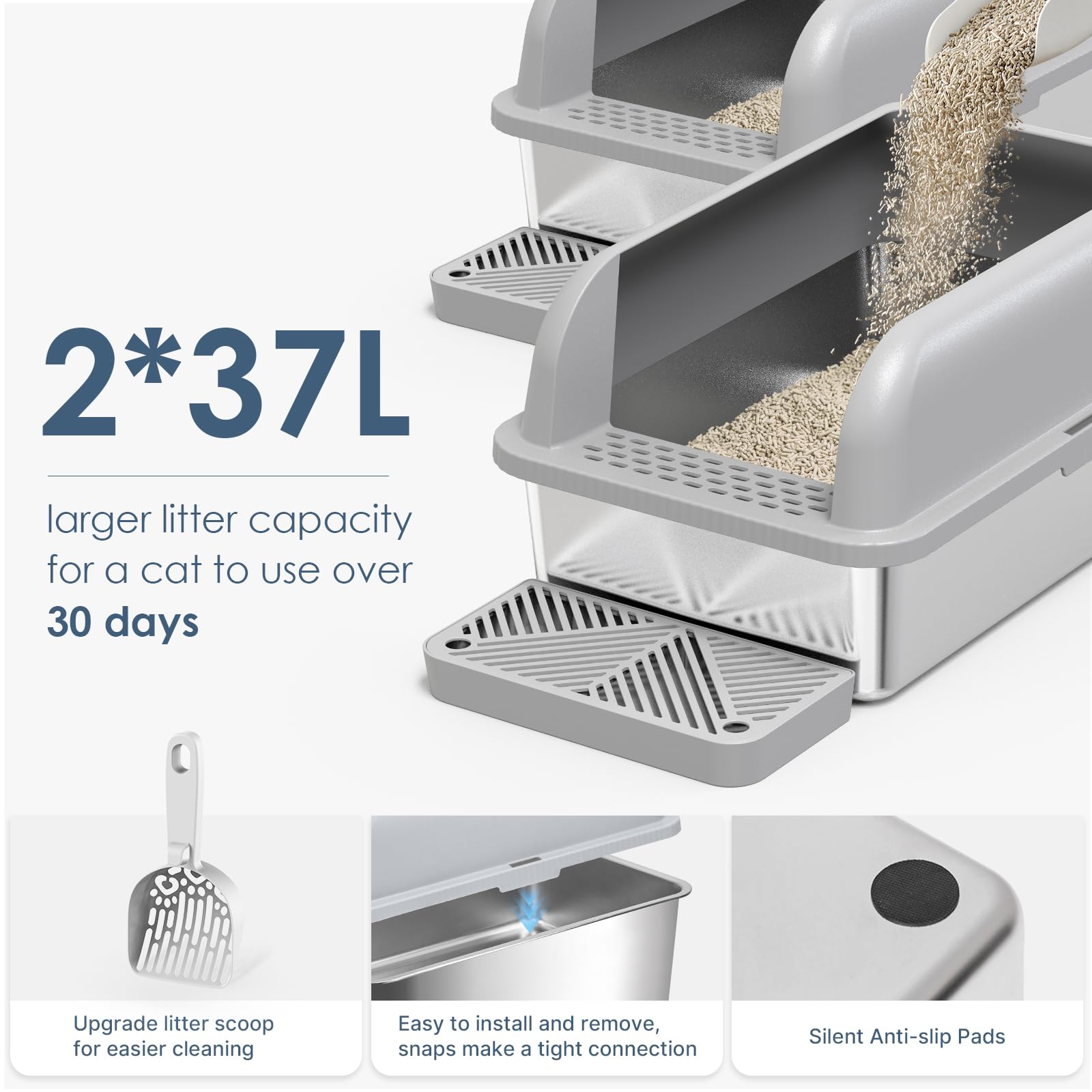 Suzzipaws stainless-steel litter box close-up highlighting non-stick surface for quick wipe-down