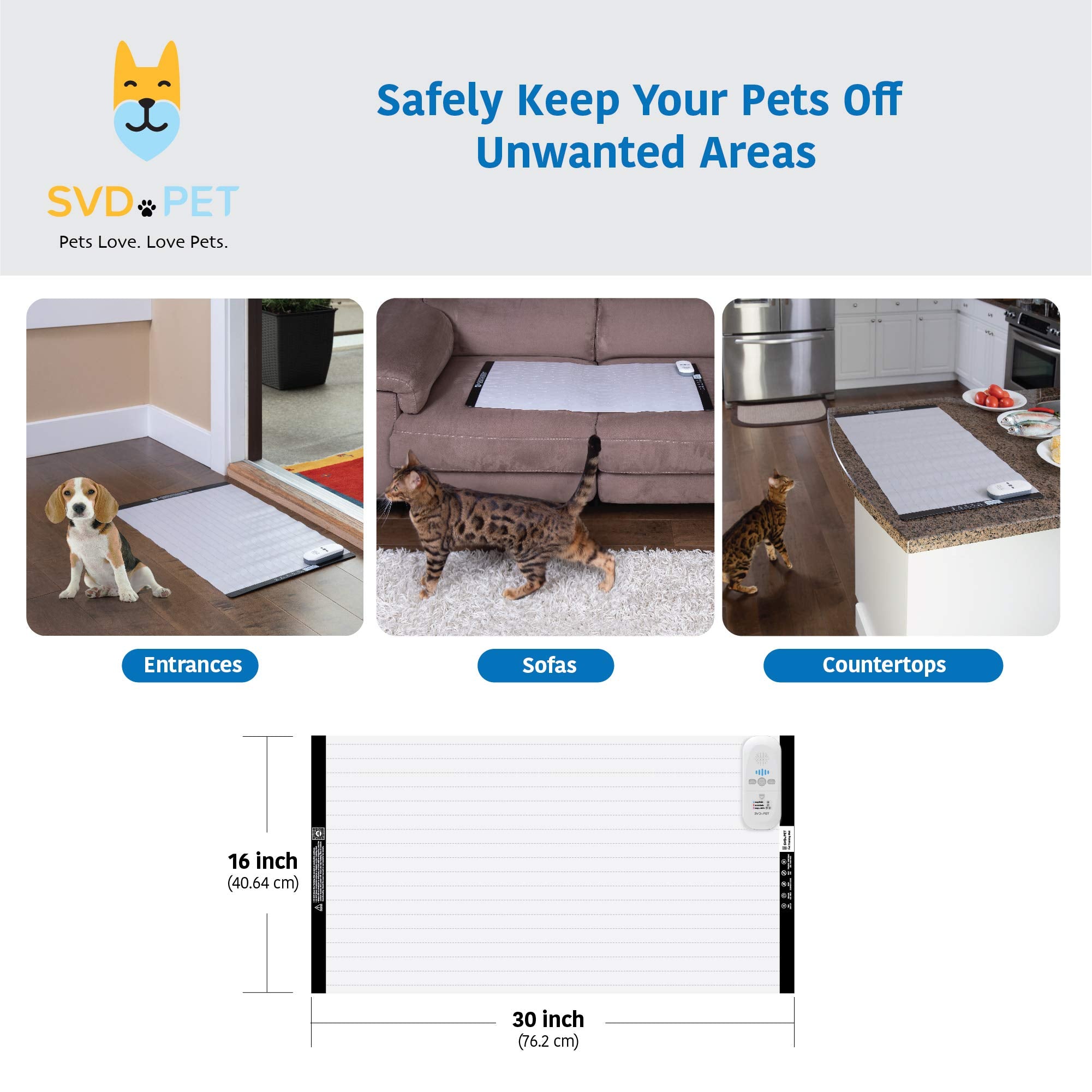SVD.PET training mat graphic illustrates static, beep, and combo training options.