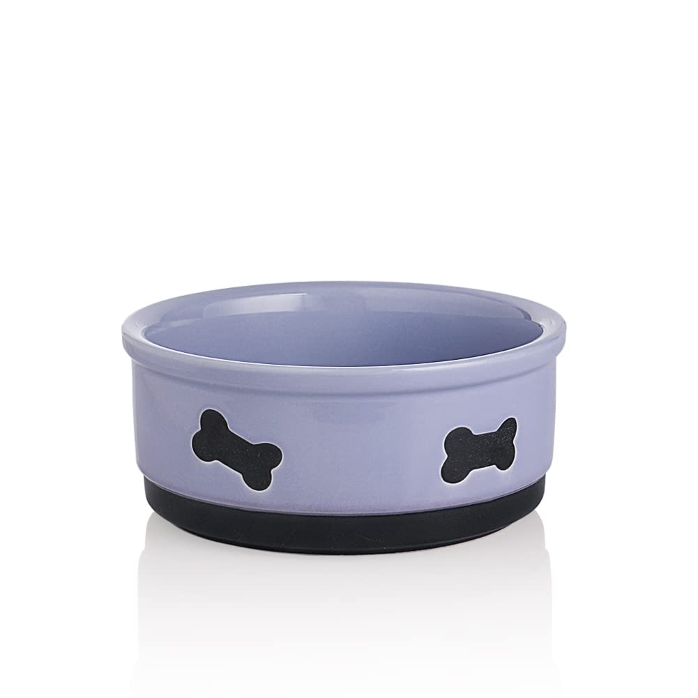Sweejar bone-pattern dog bowl in purple highlighting cute design and 35oz capacity for medium dogs.
