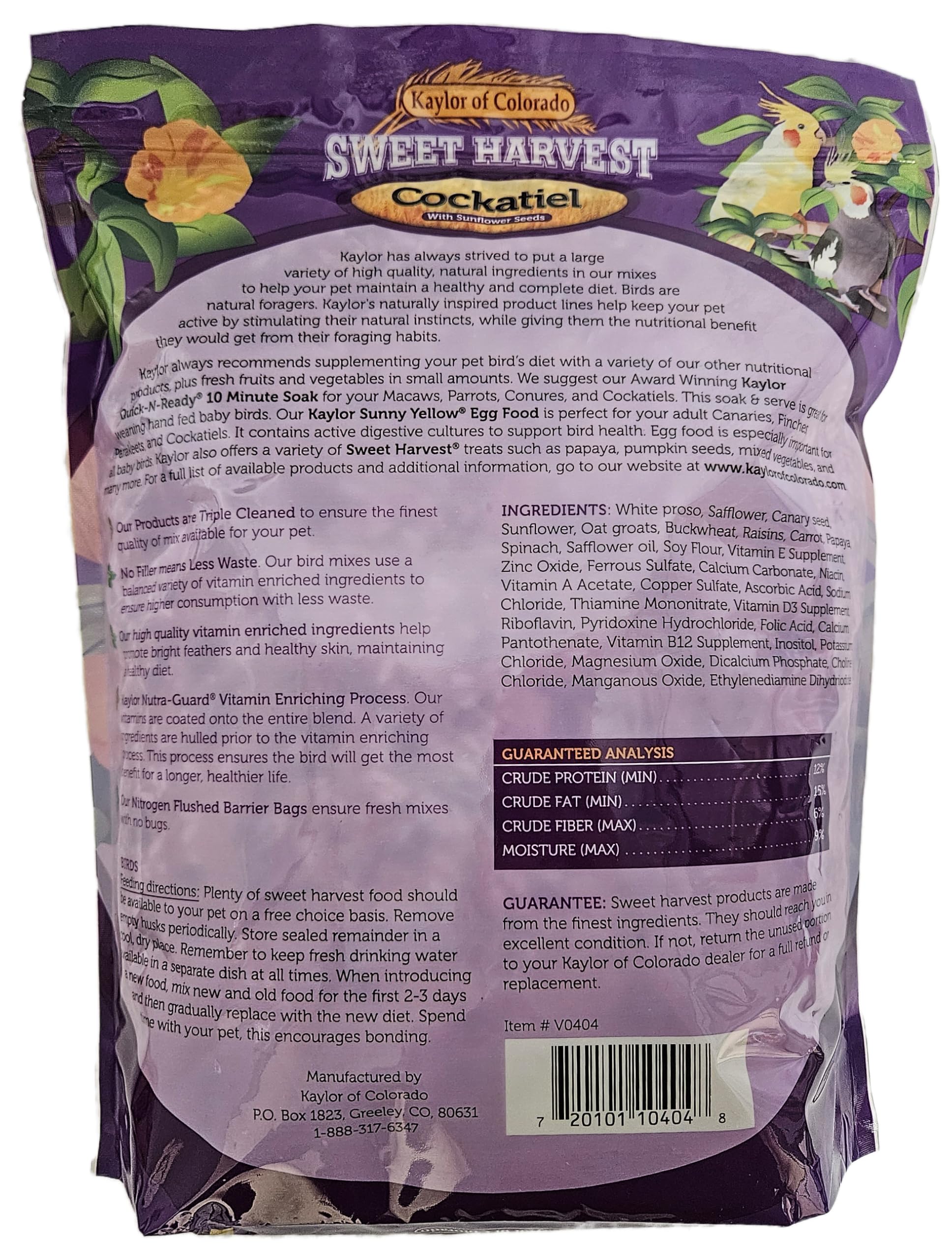 Sweet Harvest Cockatiel Food ingredients close-up with vitamins and minerals.