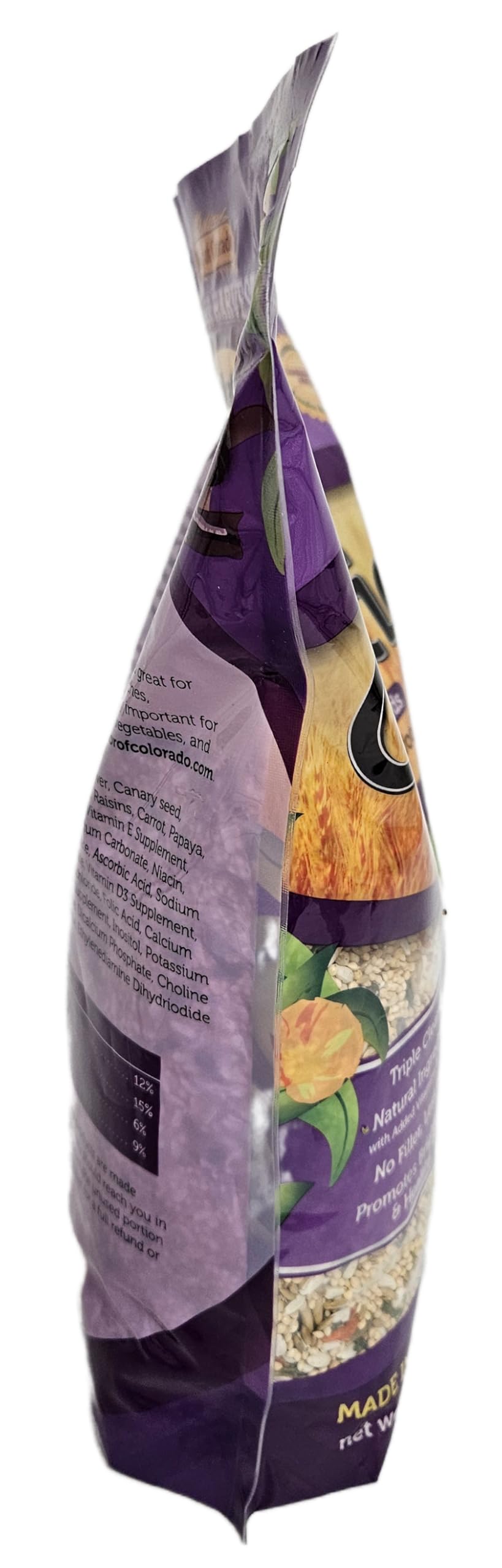 Sweet Harvest Cockatiel Food nutrition label highlights vitamins and minerals.