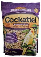 Sweet Harvest Cockatiel Food bag shows premium seed mix for balanced nutrition.