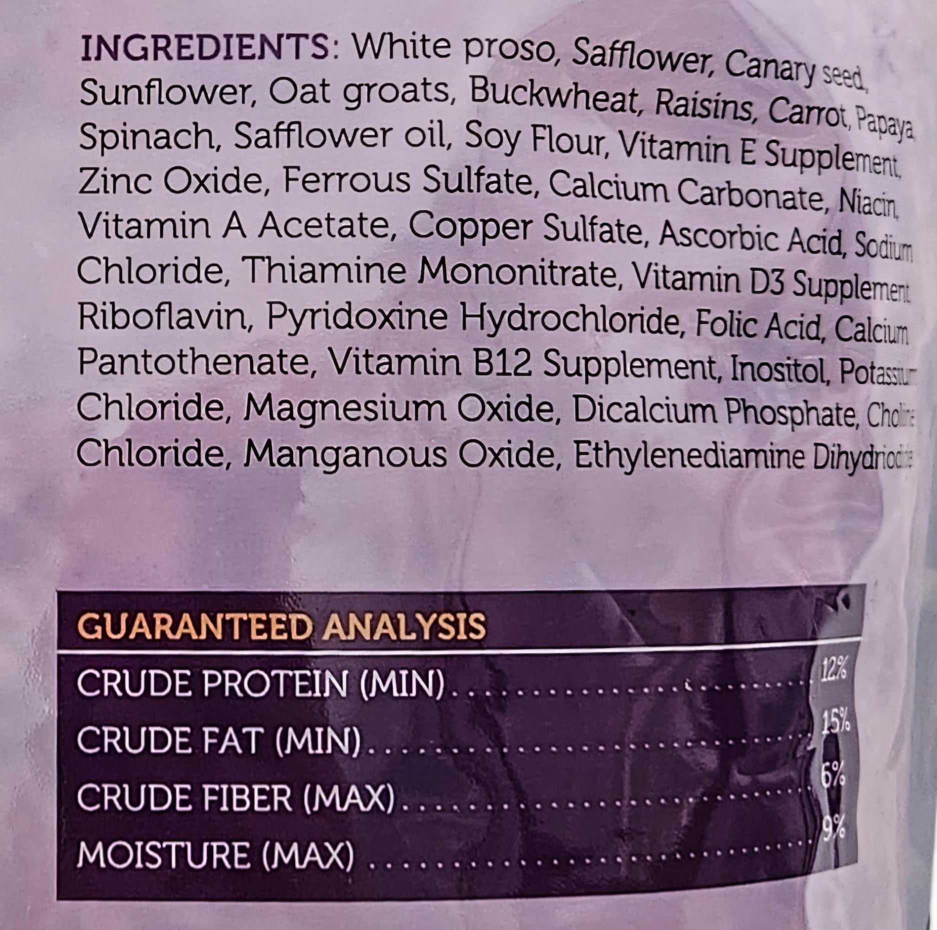 Sweet Harvest Cockatiel Food triple-cleaned seeds for freshness.