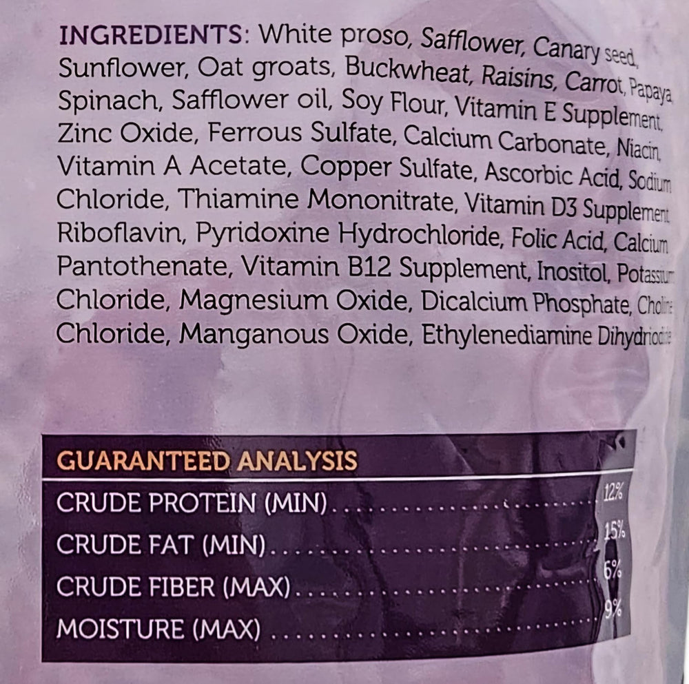 Sweet Harvest Cockatiel Food triple-cleaned seeds for freshness.