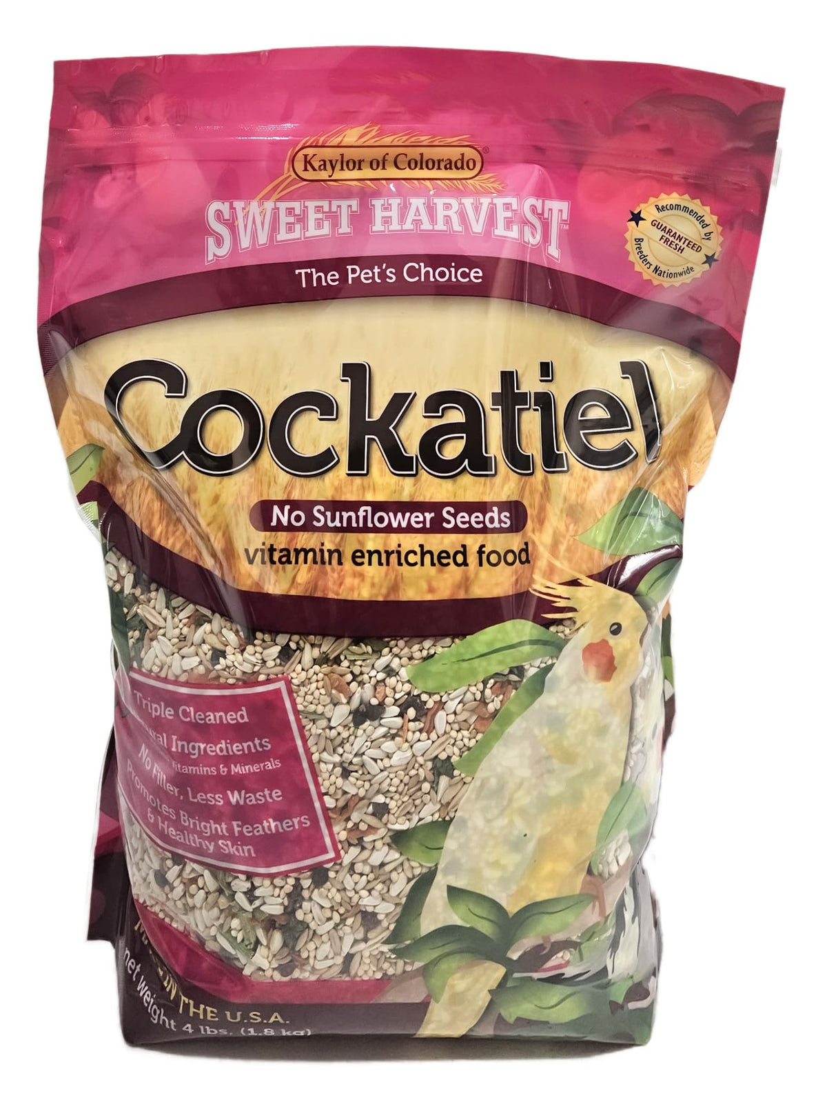 Sweet Harvest cockatiel seed mix bag shows vitamin-enriched, sunflower-free formula for daily meals.