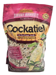 Sweet Harvest cockatiel seed mix bag shows vitamin-enriched, sunflower-free formula for daily meals.