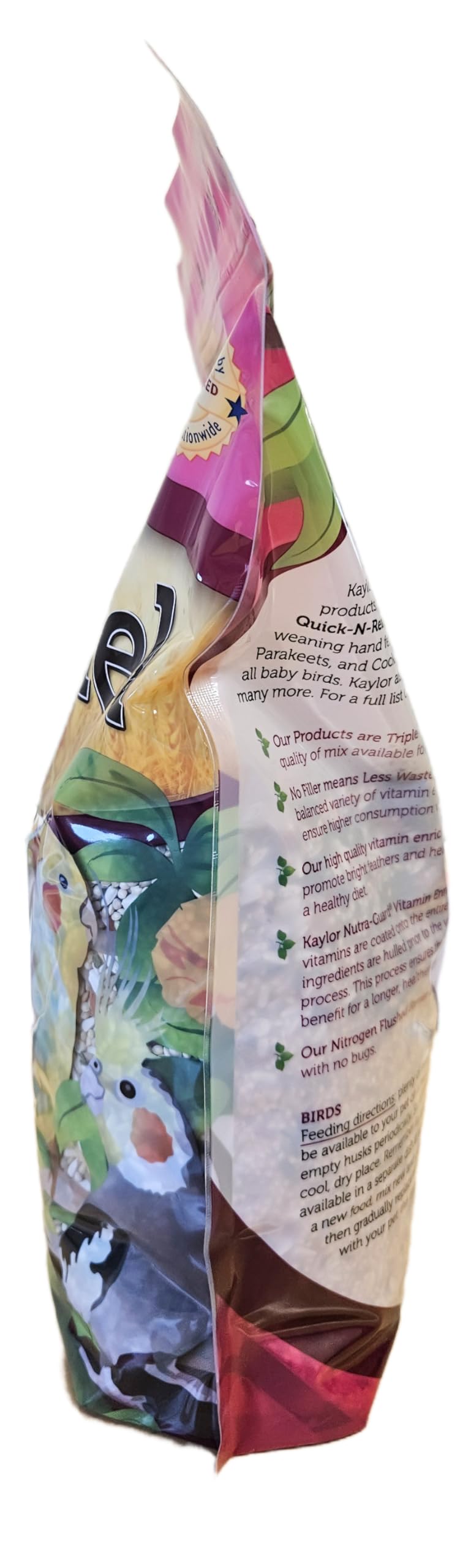 Sweet Harvest seed mix label highlights triple-cleaned freshness and minerals.