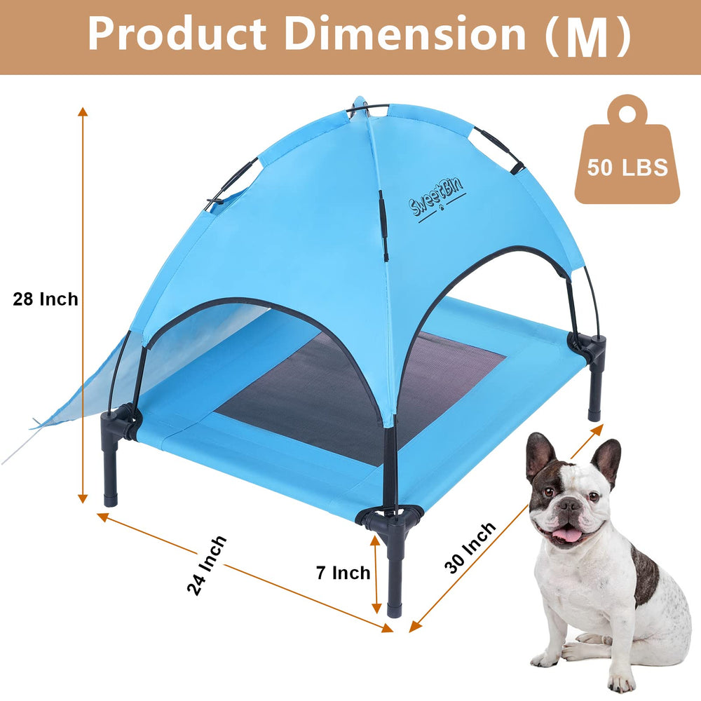SweetBin dog cot with side shade provides UV protection on sunny beach trips.