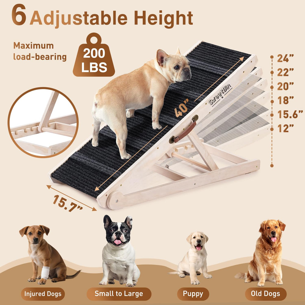 SweetBin dog ramp height-adjustment demonstrates six-height versatility from 12 in to 24 in.
