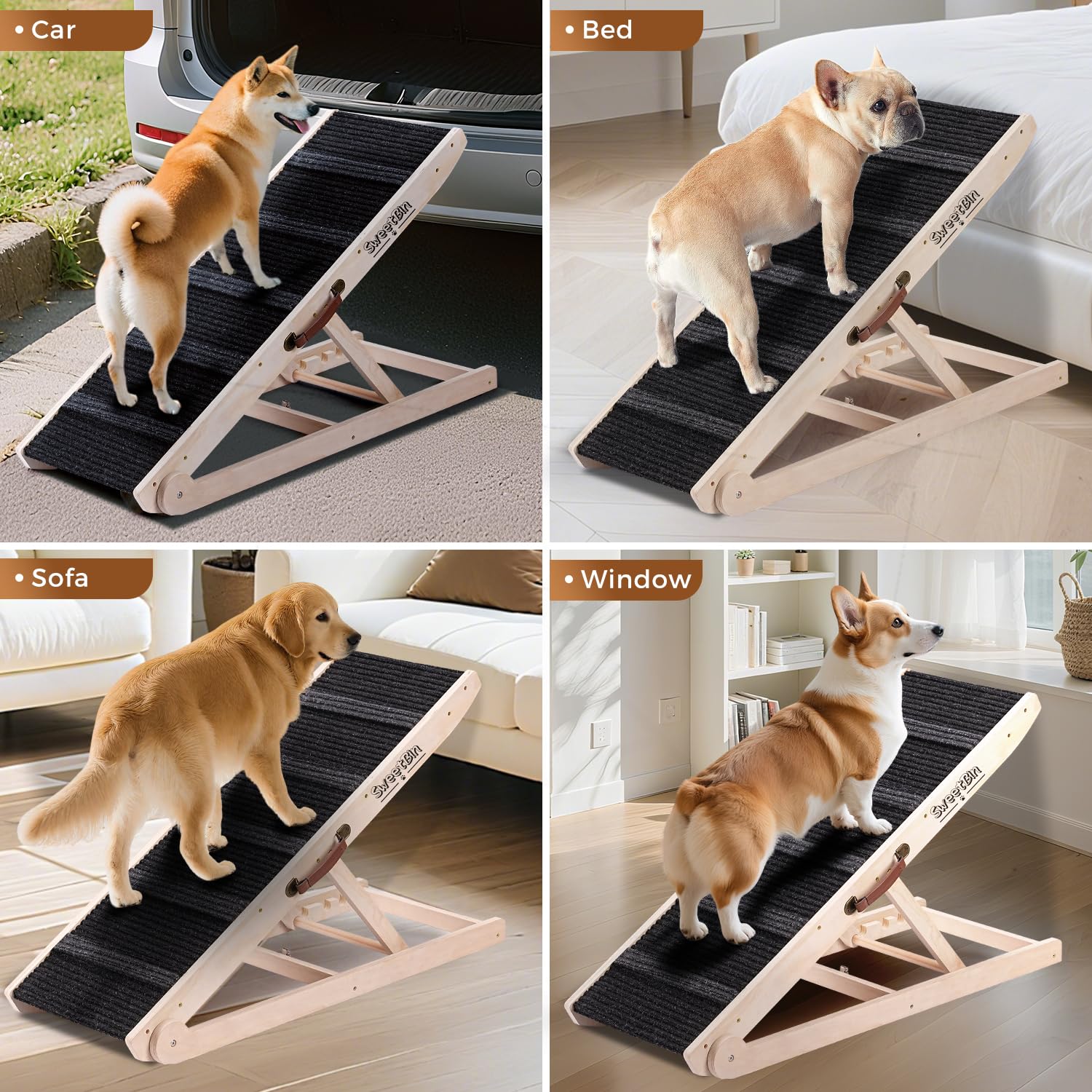 SweetBin dog ramp travel-ready design enables easy bed or couch access for pets.