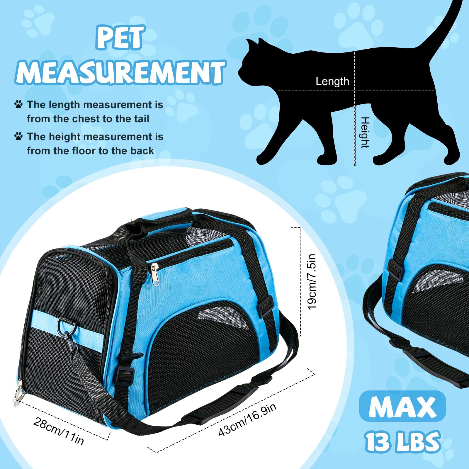 Sweetude cat carrier blue front view; lightweight for easy car rides.