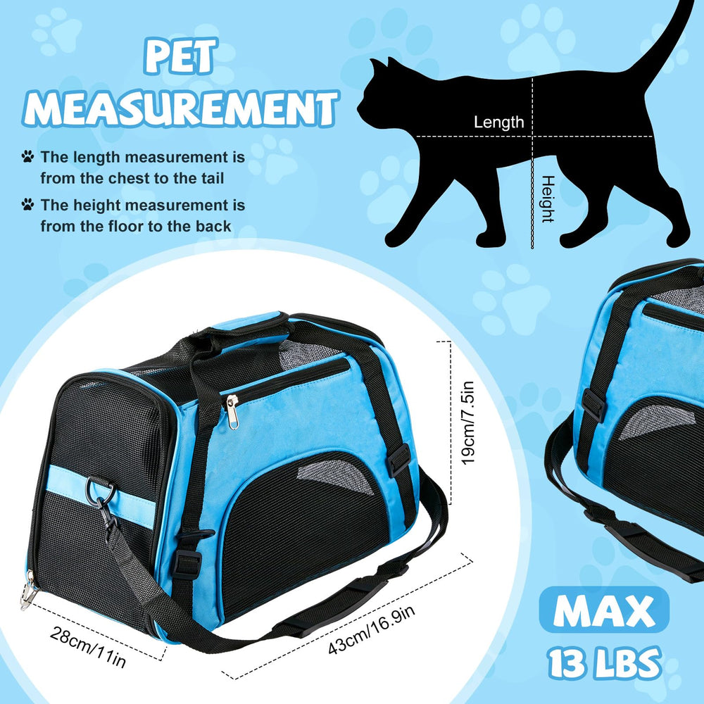 Sweetude cat carrier blue front view; lightweight for easy car rides.