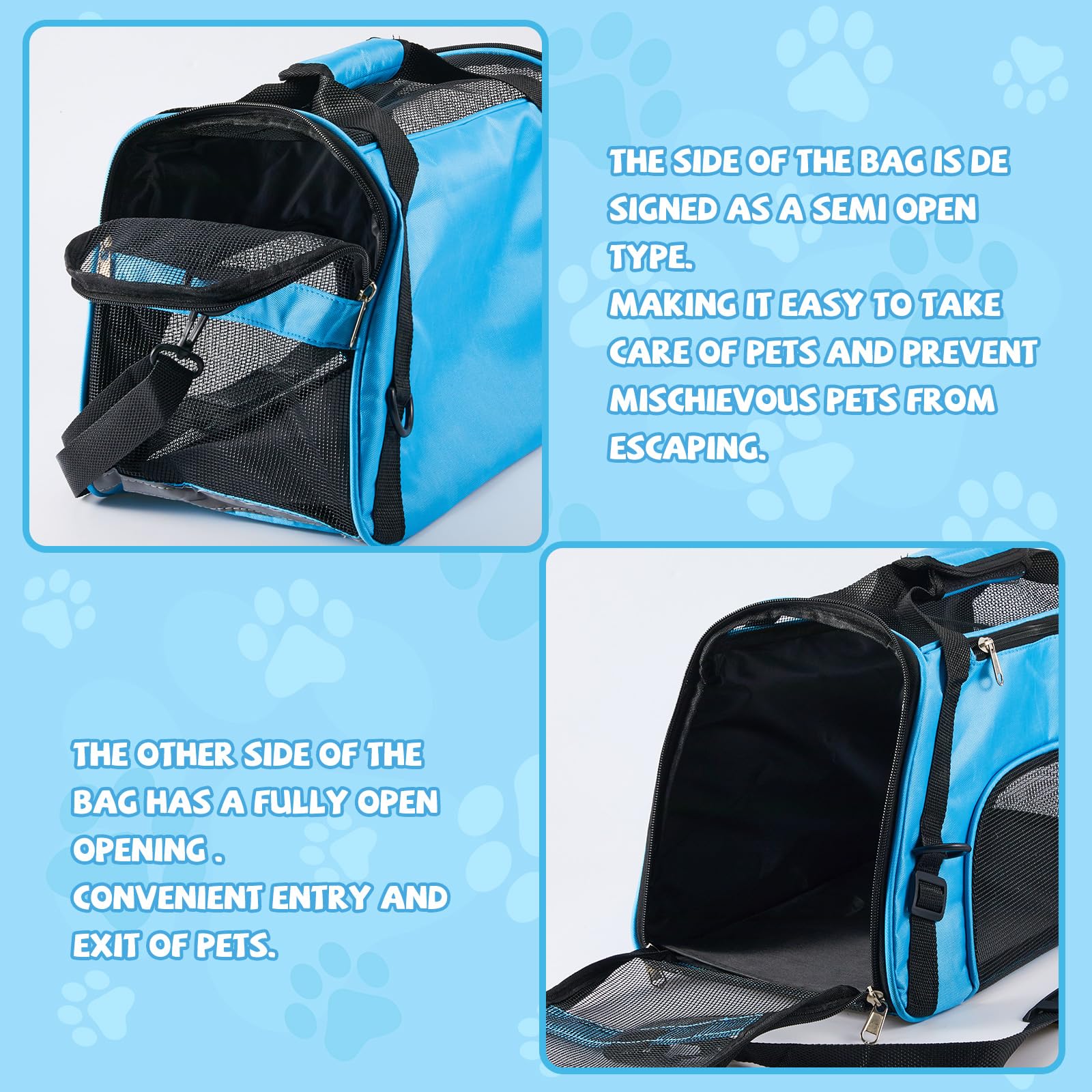 Sweetude cat carrier blue side pocket; keep essentials close during trips.