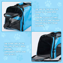 Sweetude cat carrier blue side pocket; keep essentials close during trips.