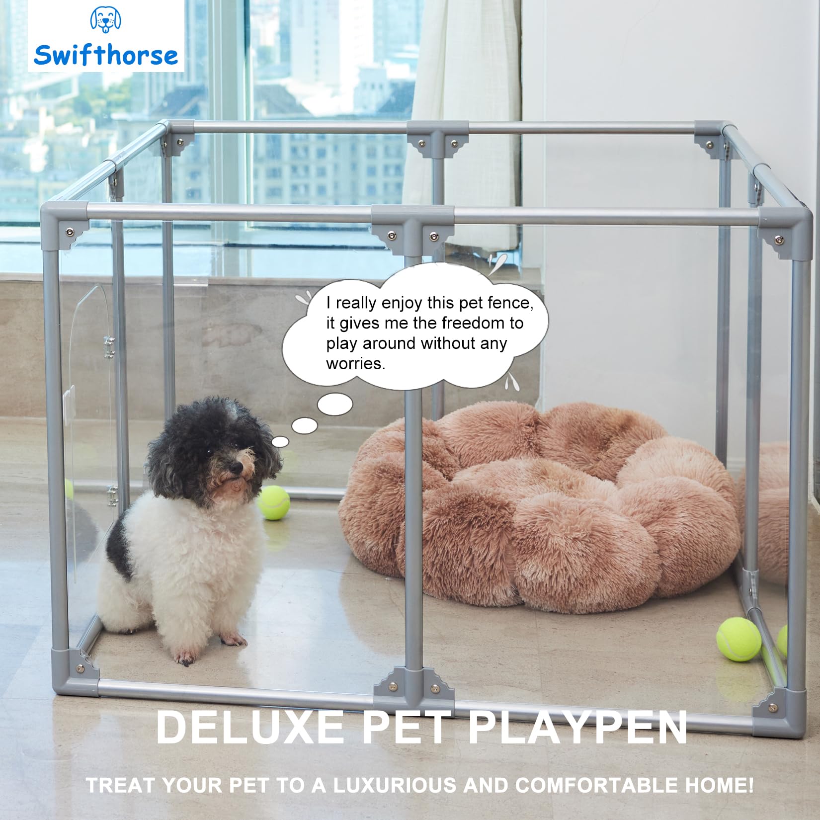 Swifthorse acrylic dog playpen stable 44 lb base keeps the enclosure steady.