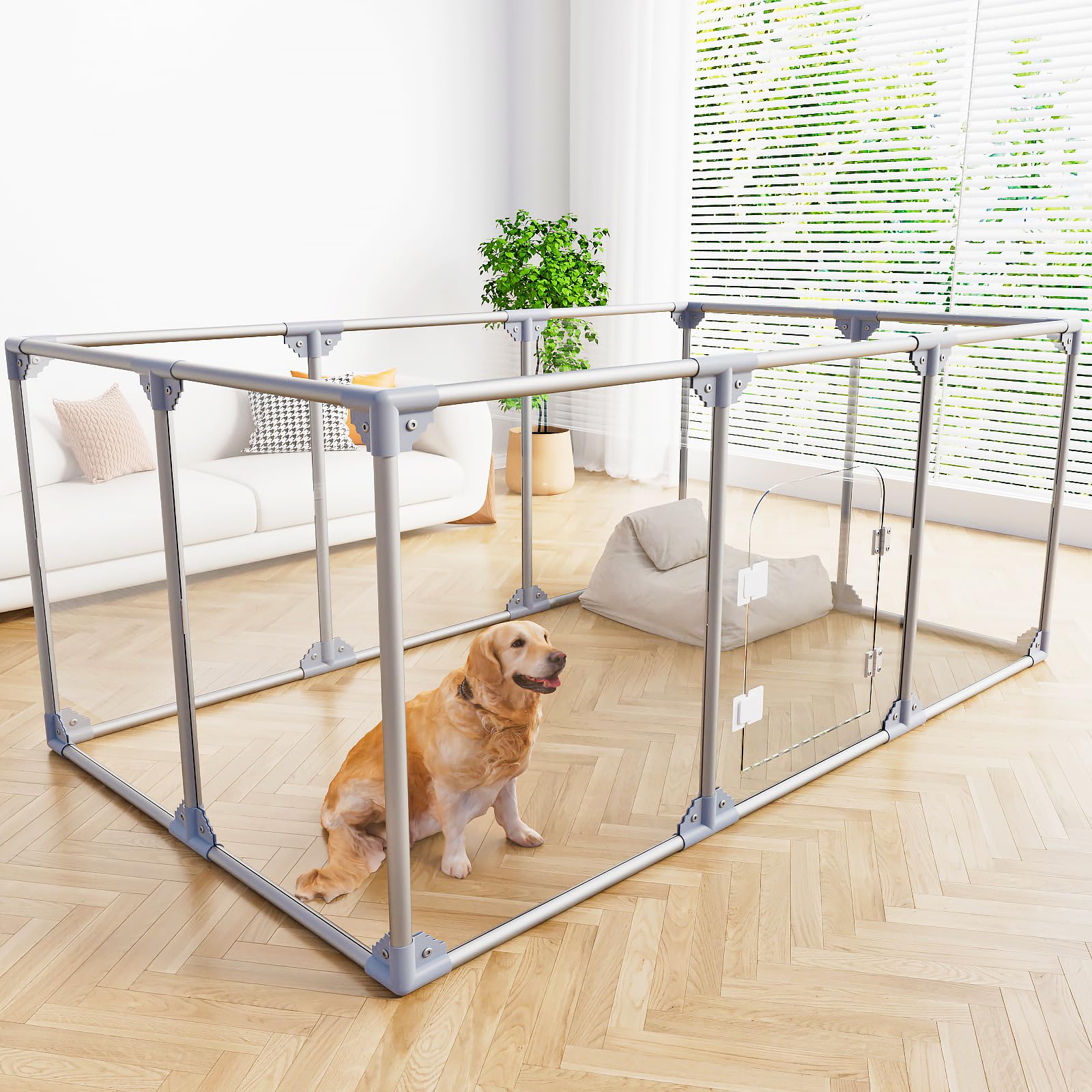 Swifthorse acrylic dog playpen with transparent panels for easy supervision during playtime.