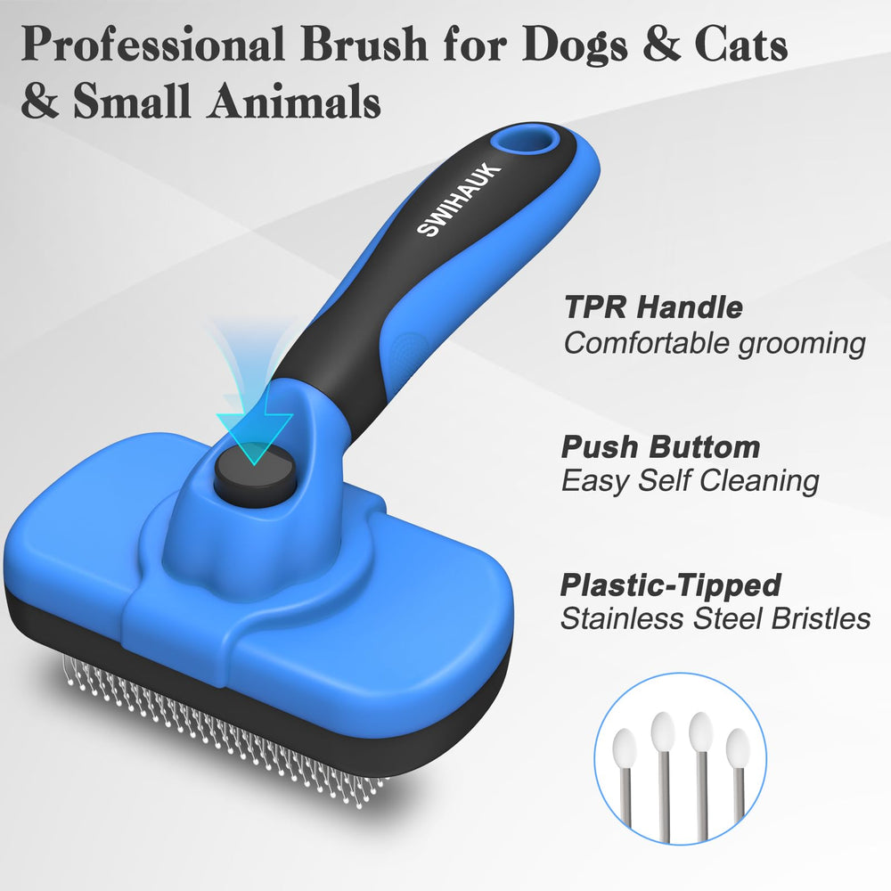 Swihauk slicker brush shows soft round-head bristles protecting skin during deshedding