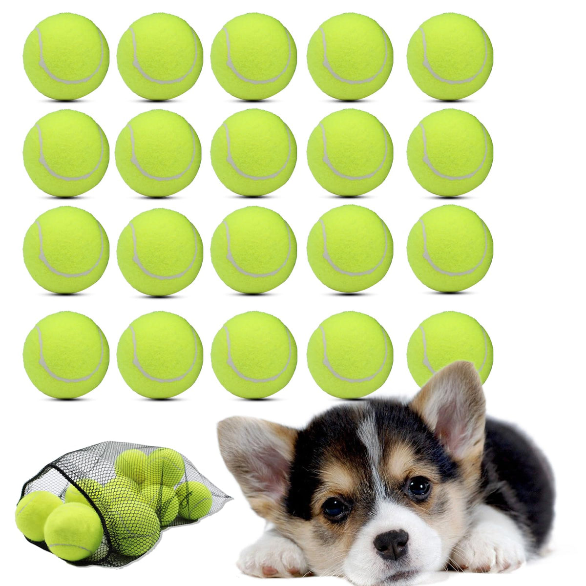 Swingers small tennis balls 20-pack shown together for versatile dog training and play.