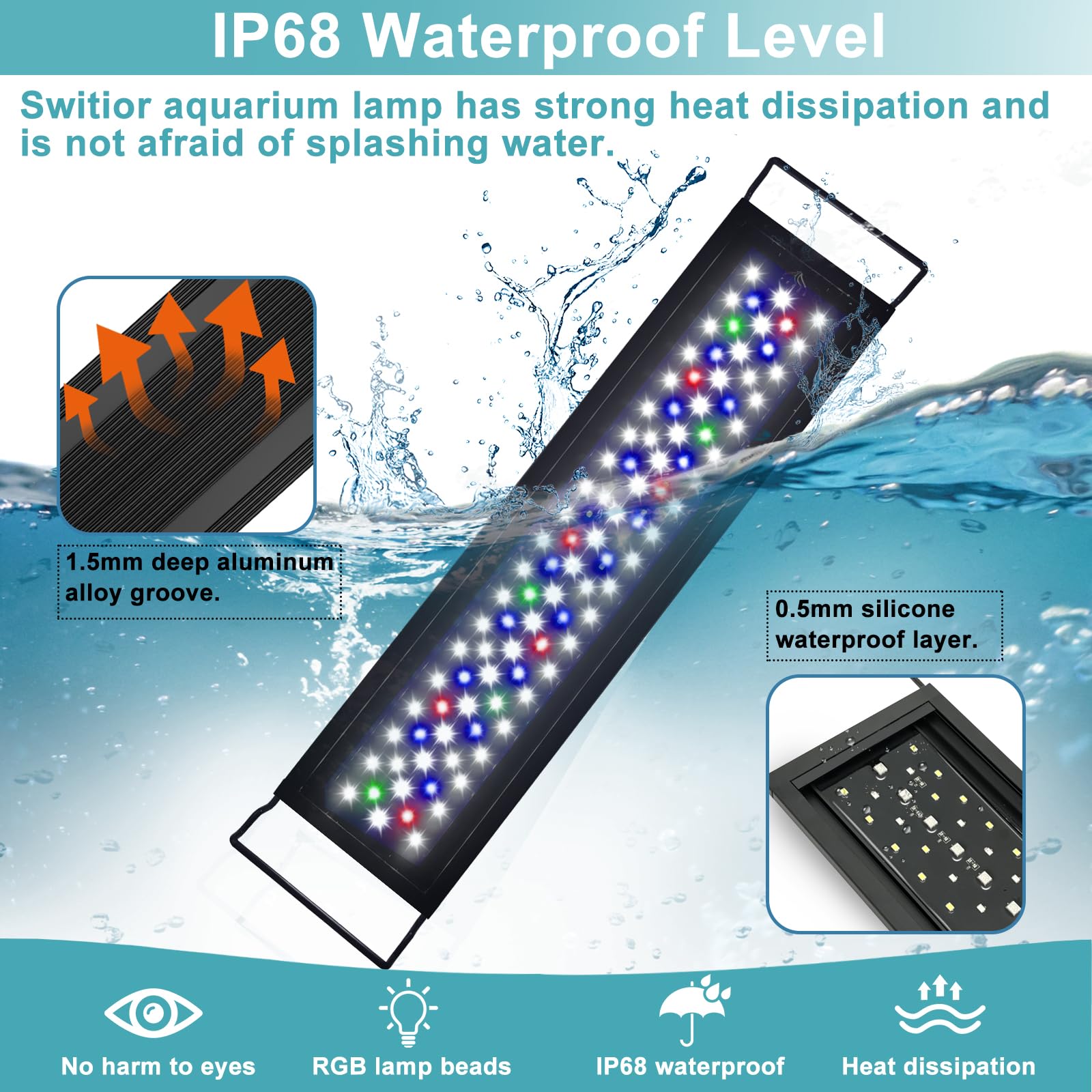 Switior auto on/off LED aquarium light IP68 waterproof shell protects against splashes in humid setups.