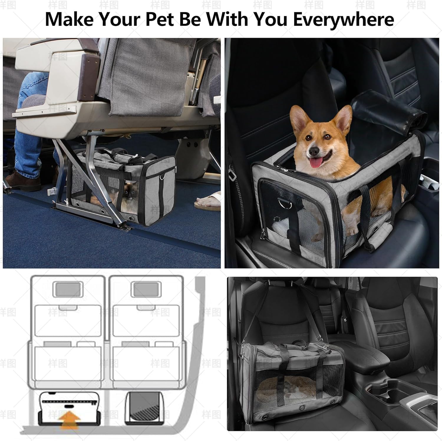 SWUVVI soft sided pet carrier front pocket stores treats and toys during trips.