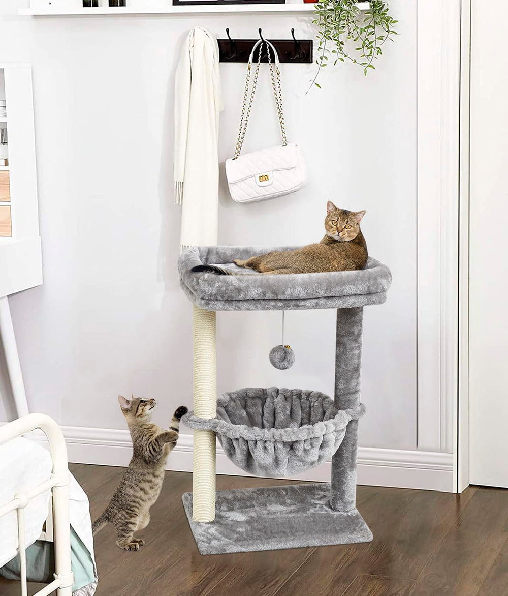 SYANDLVY cat tree assembled complements modern grey decor while saving space.
