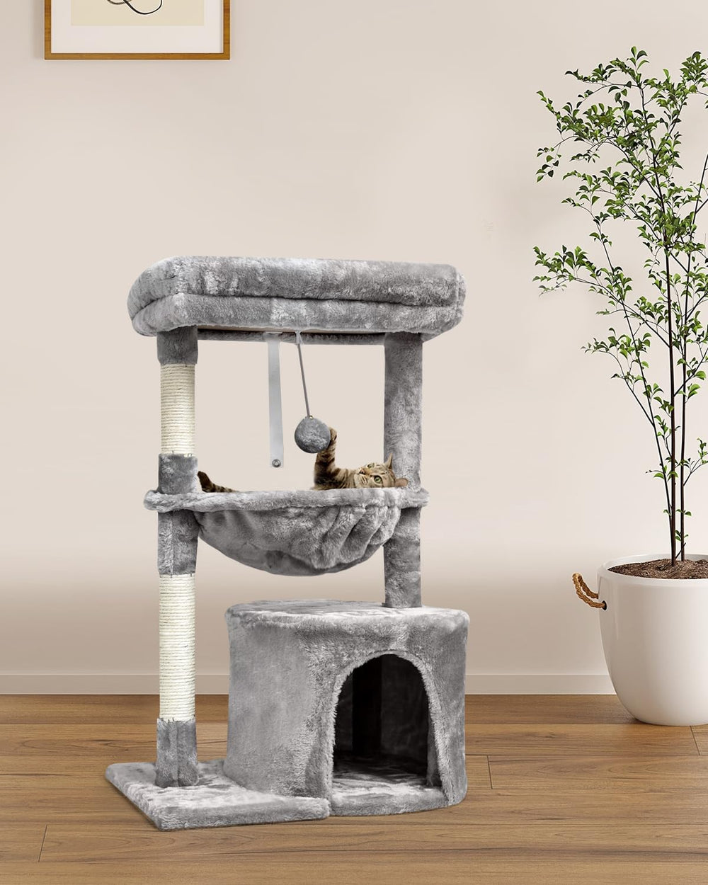 SYANDLVY cat tree assembly graphic shows quick setup steps