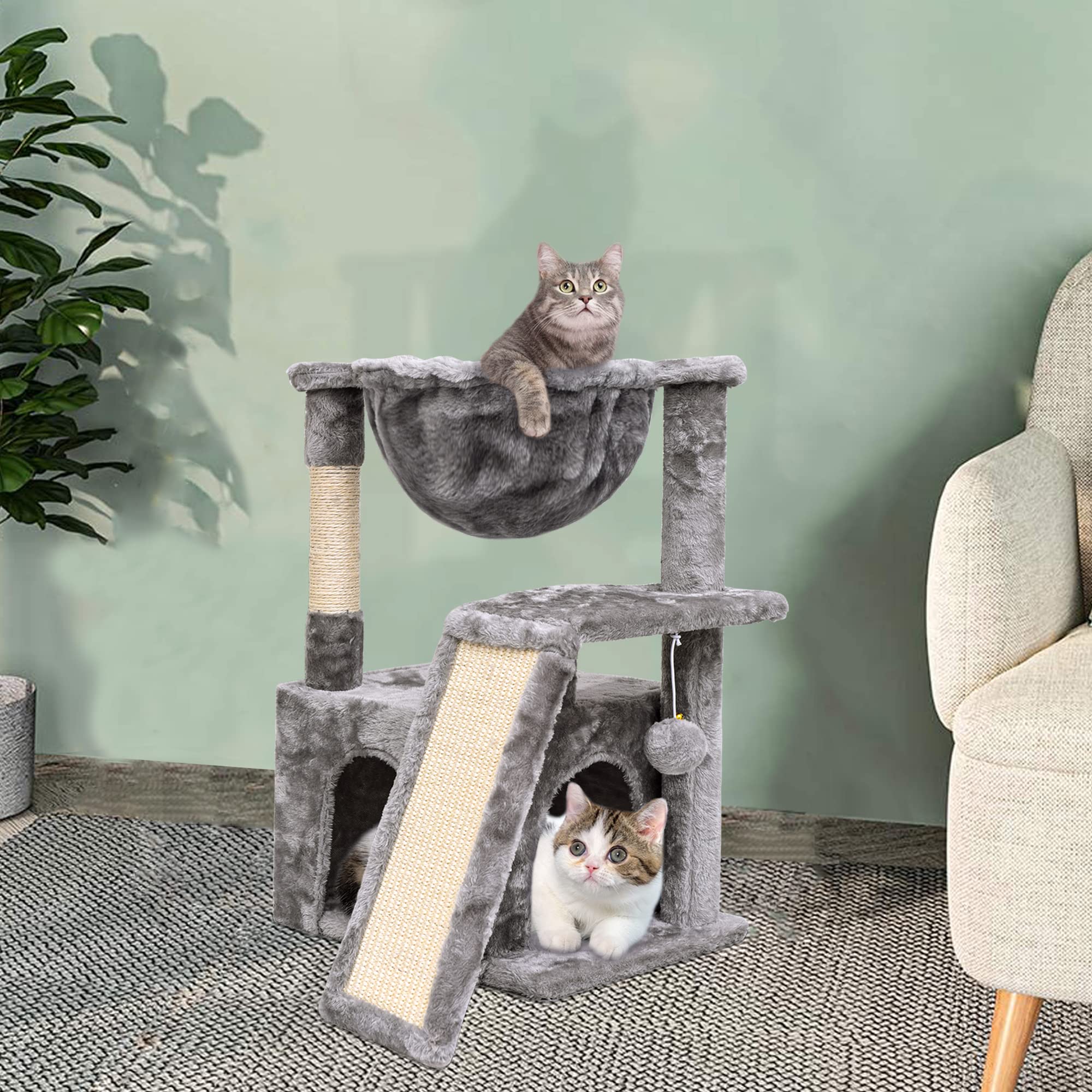 SYANDLVY cat tree modern grey design blends with home decor while entertaining cats.