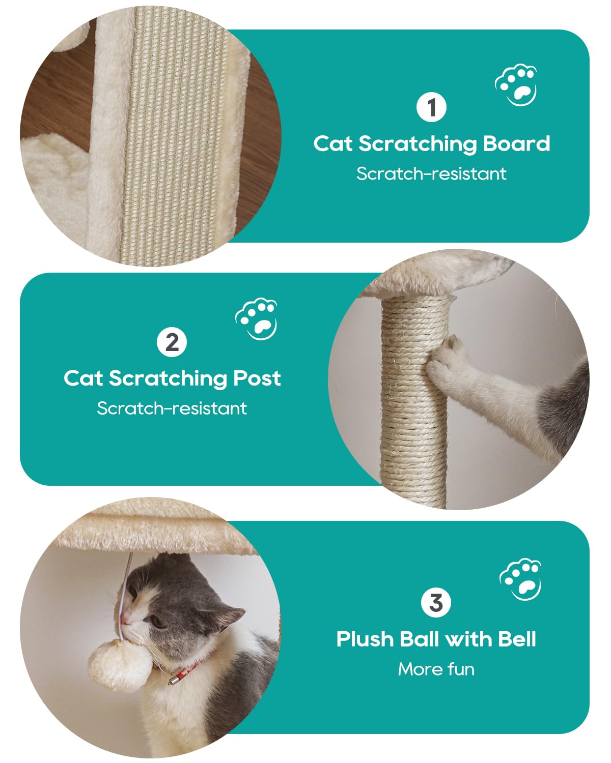 SYANDLVY small cat tree with two dangling balls encourages interactive play and curiosity.