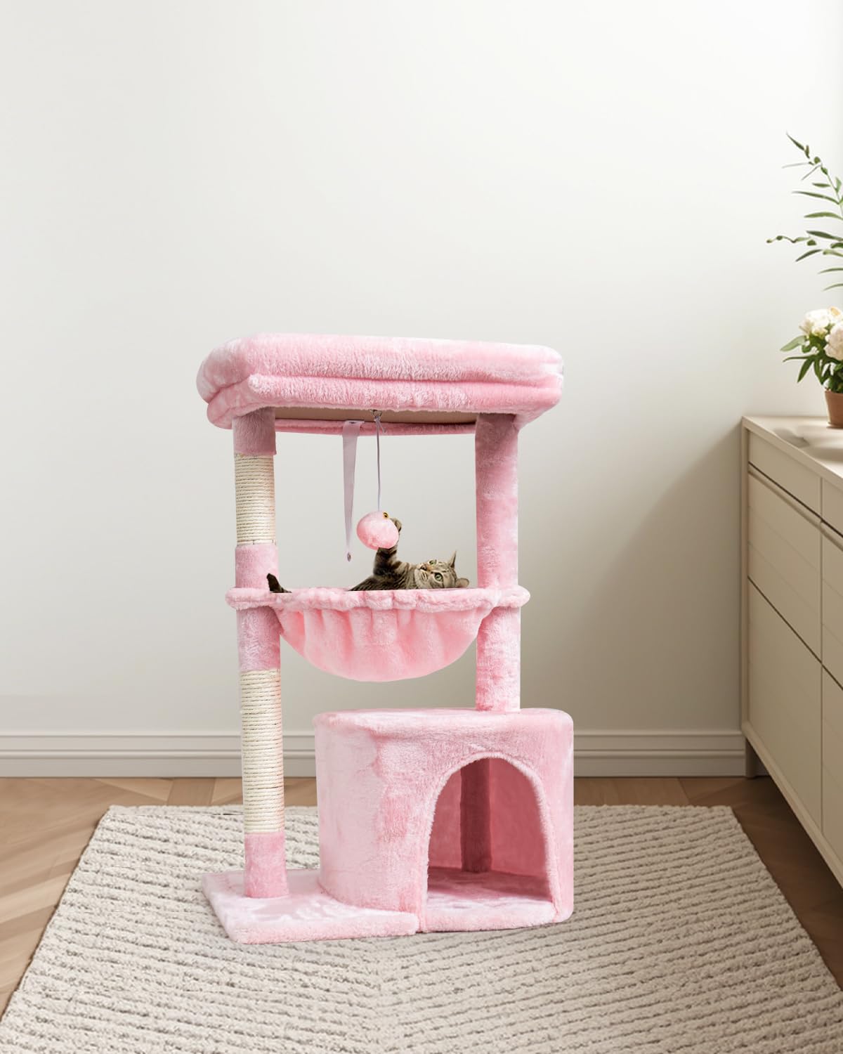 SYANDLVY Small Cat Tree pink plush cover is soft and inviting for cats.