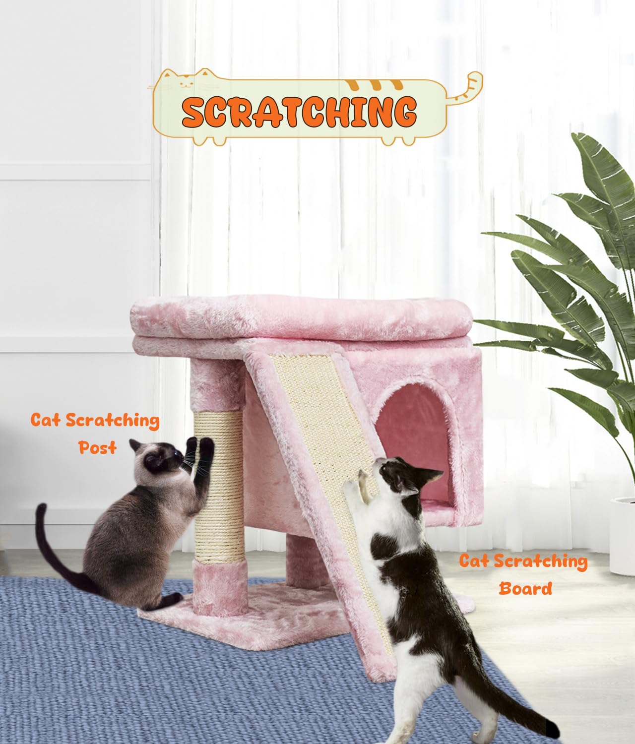 SYANDLVY pink cat tree saves space while housing multiple kittens comfortably.