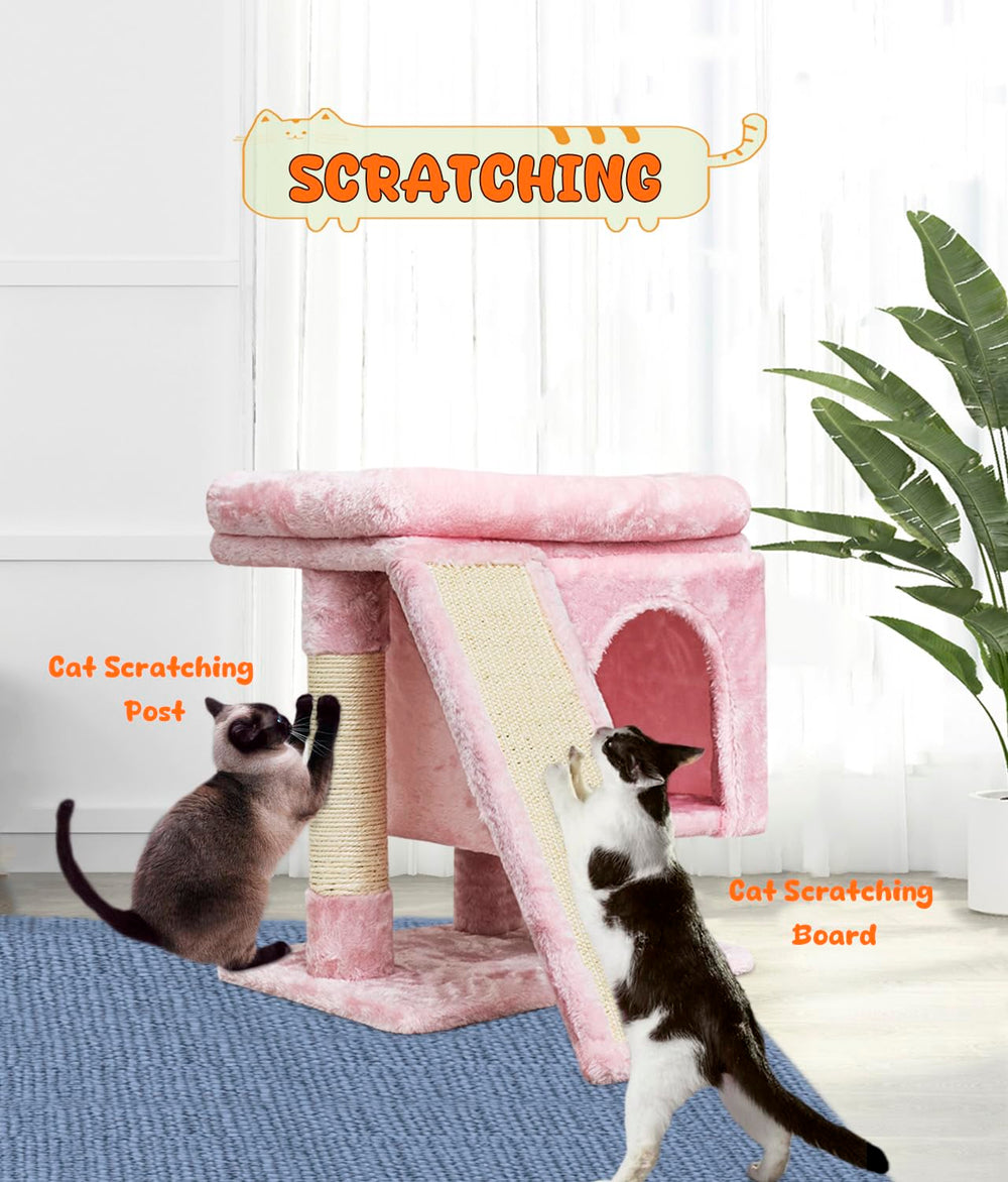 SYANDLVY pink cat tree saves space while housing multiple kittens comfortably.