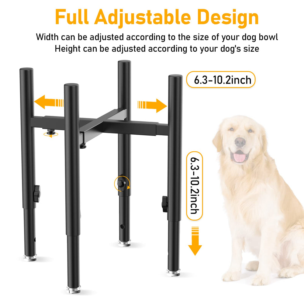SYBECHATF adjustable dog bowl stand side view highlighting sturdy four-leg stability.