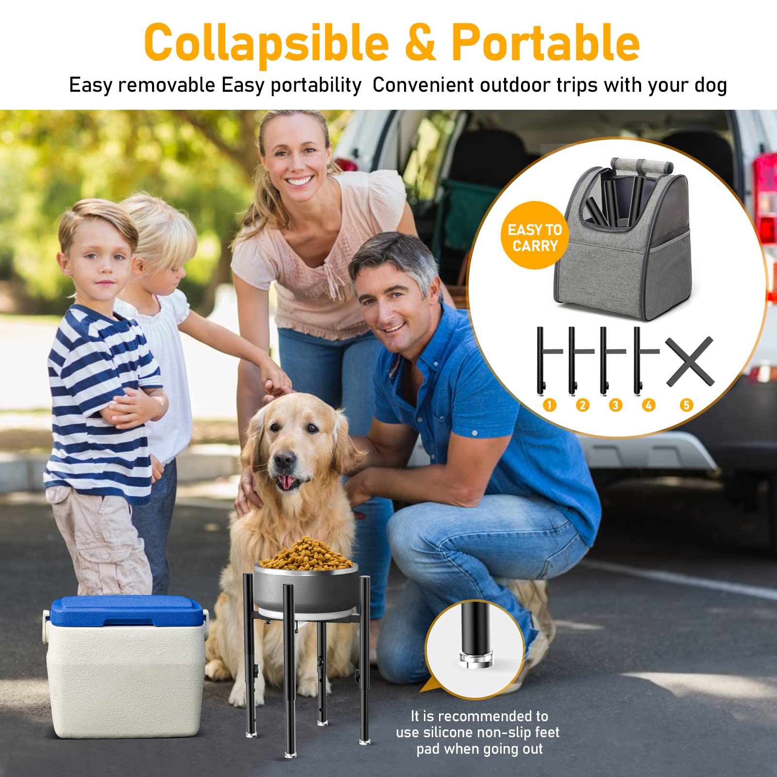 SYBECHATF travel-ready dog bowl stand packed for trips or car storage.