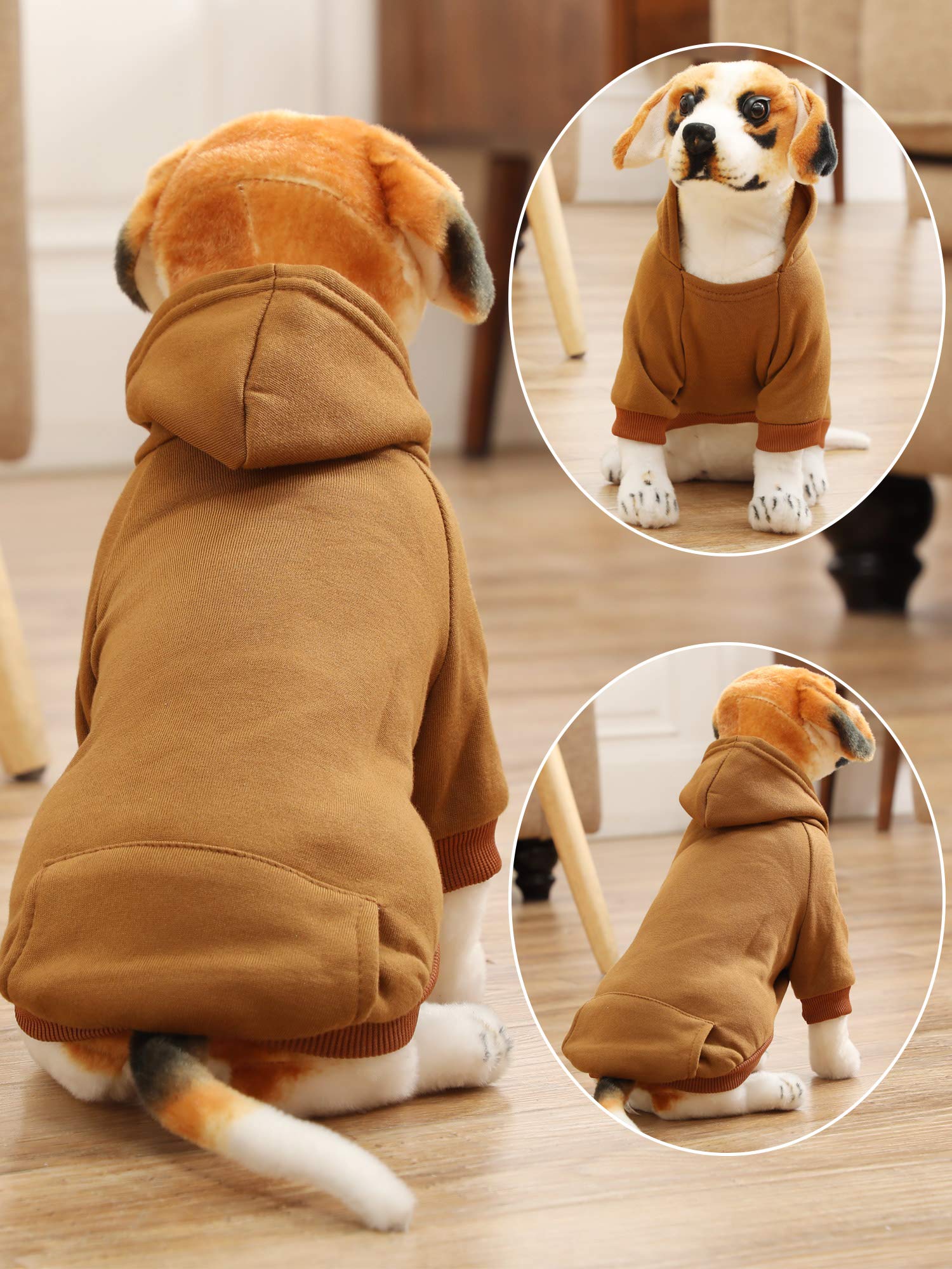 Syhood dog hoodie size chart image suggests measuring chest and back for best fit.