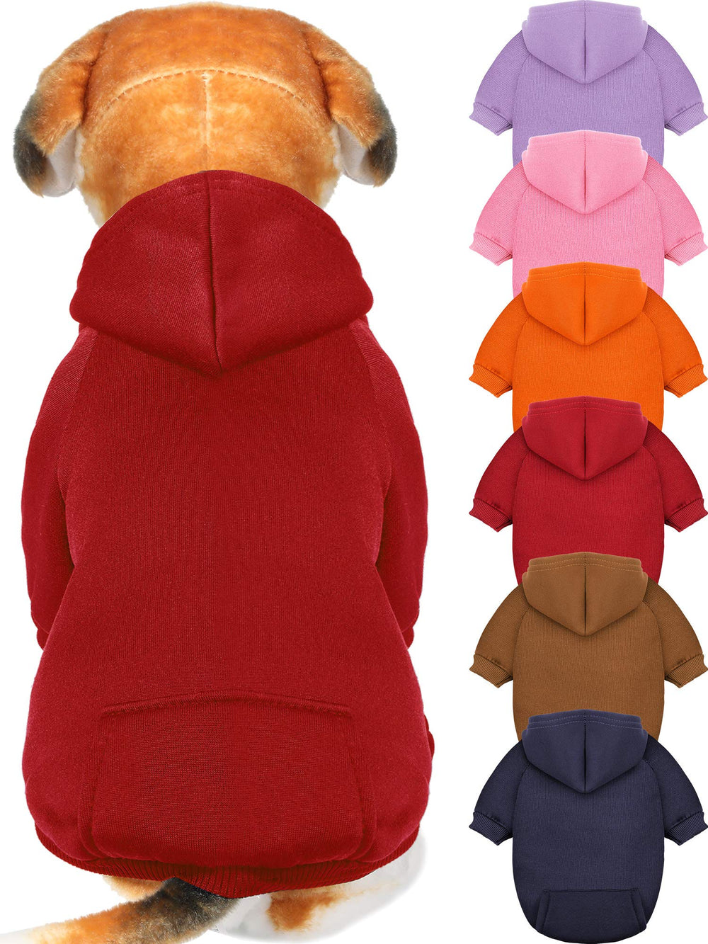 Syhood six-piece dog hoodie set front view shows vibrant outfits for small dogs