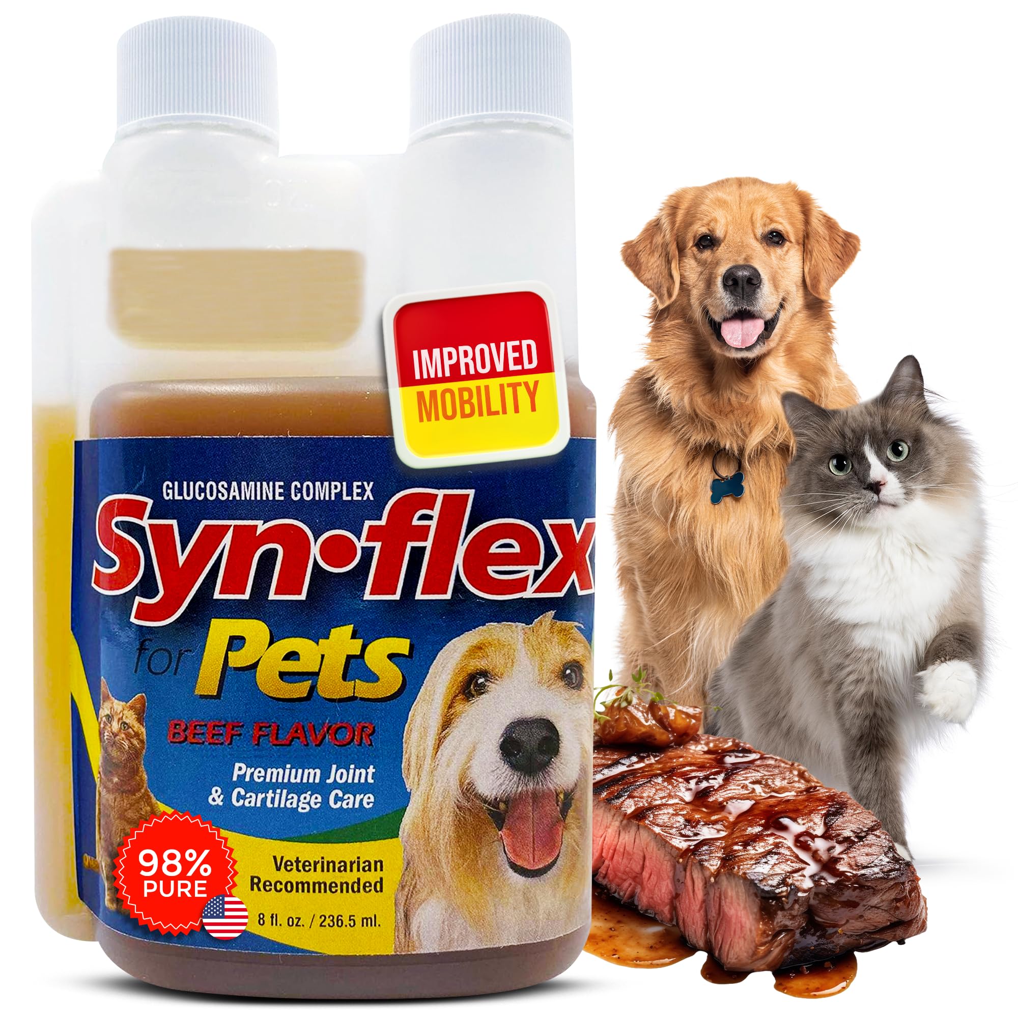 Synflex concentrated liquid glucosamine dog bottle with dosing marks for easy mobility support