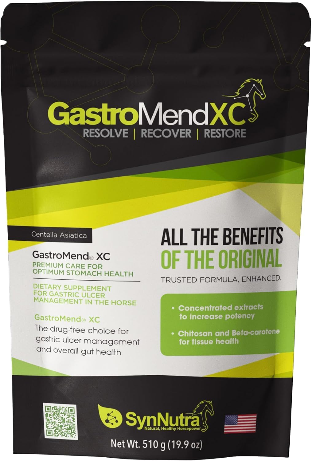 SynNutra Equine GastroMend XC bottle label promoting natural stomach health.