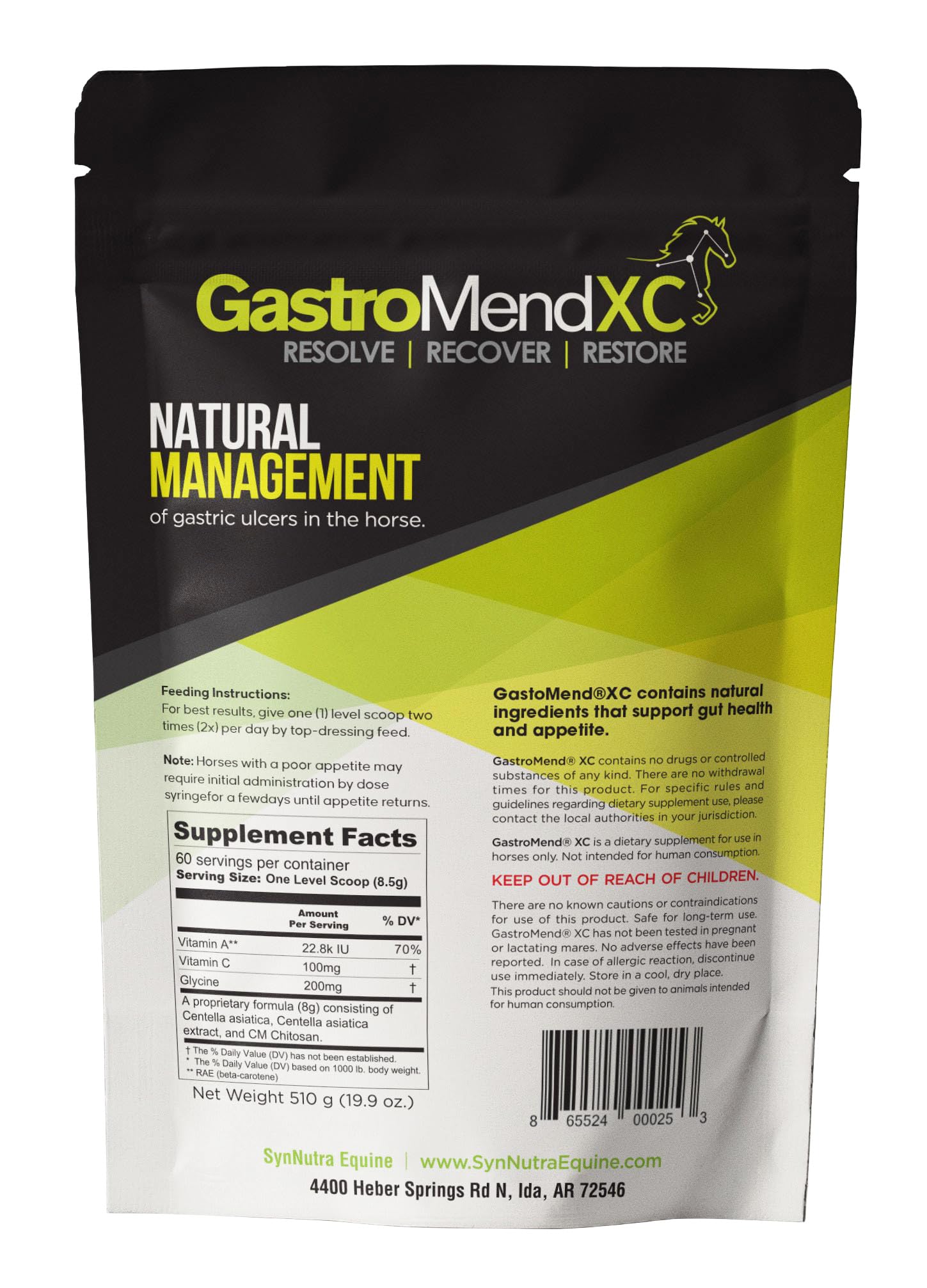 SynNutra Equine GastroMend XC scoop pouring into feed for gut support.