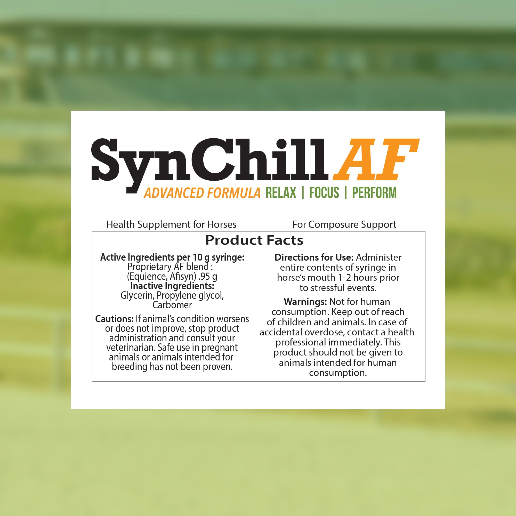 SynNutra Equine SynChill AF packaging display enables quick selection for show or clinic use.