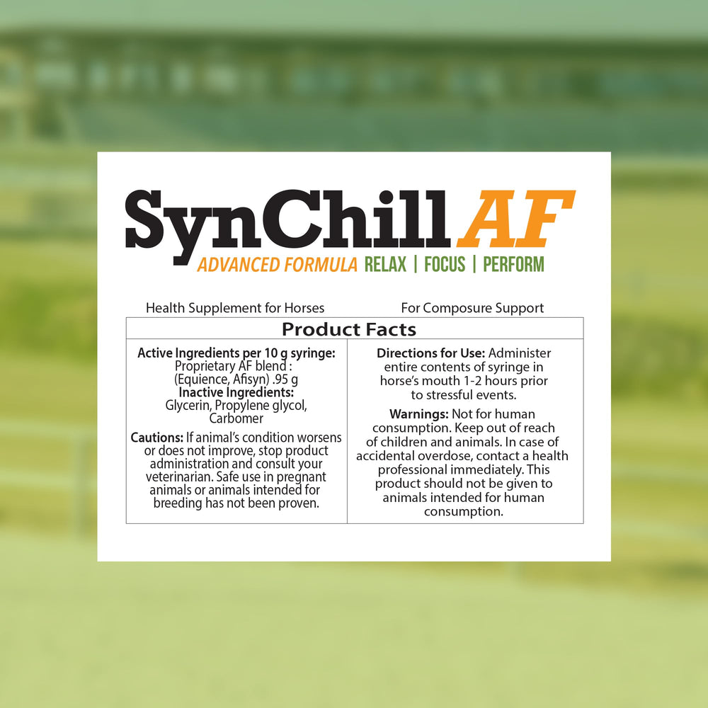 SynNutra Equine SynChill AF packaging display enables quick selection for show or clinic use.
