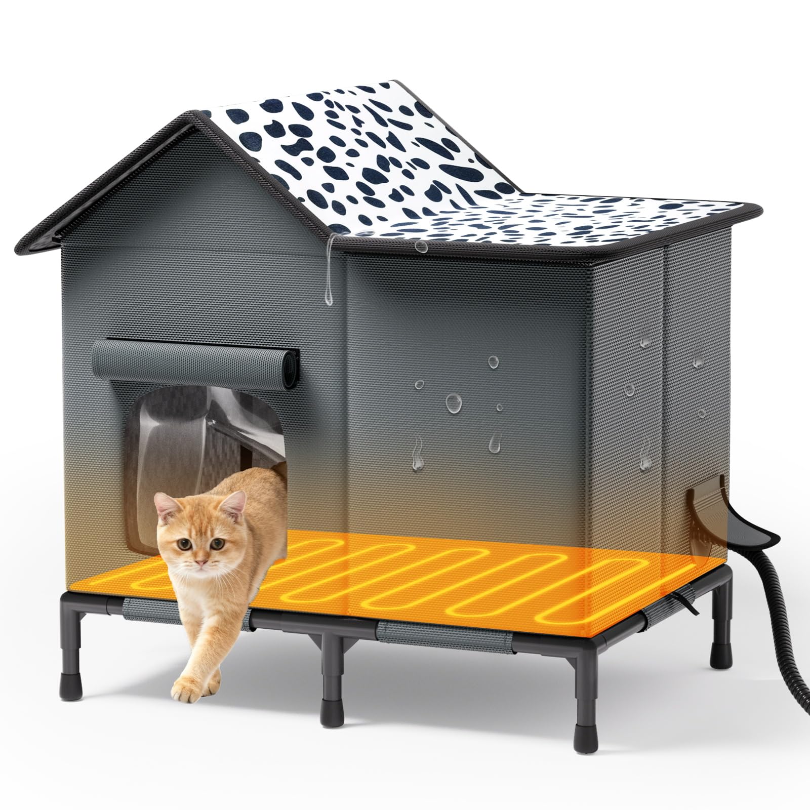 SYREMERS heated cat house front view highlights sturdy exterior for winter warmth.