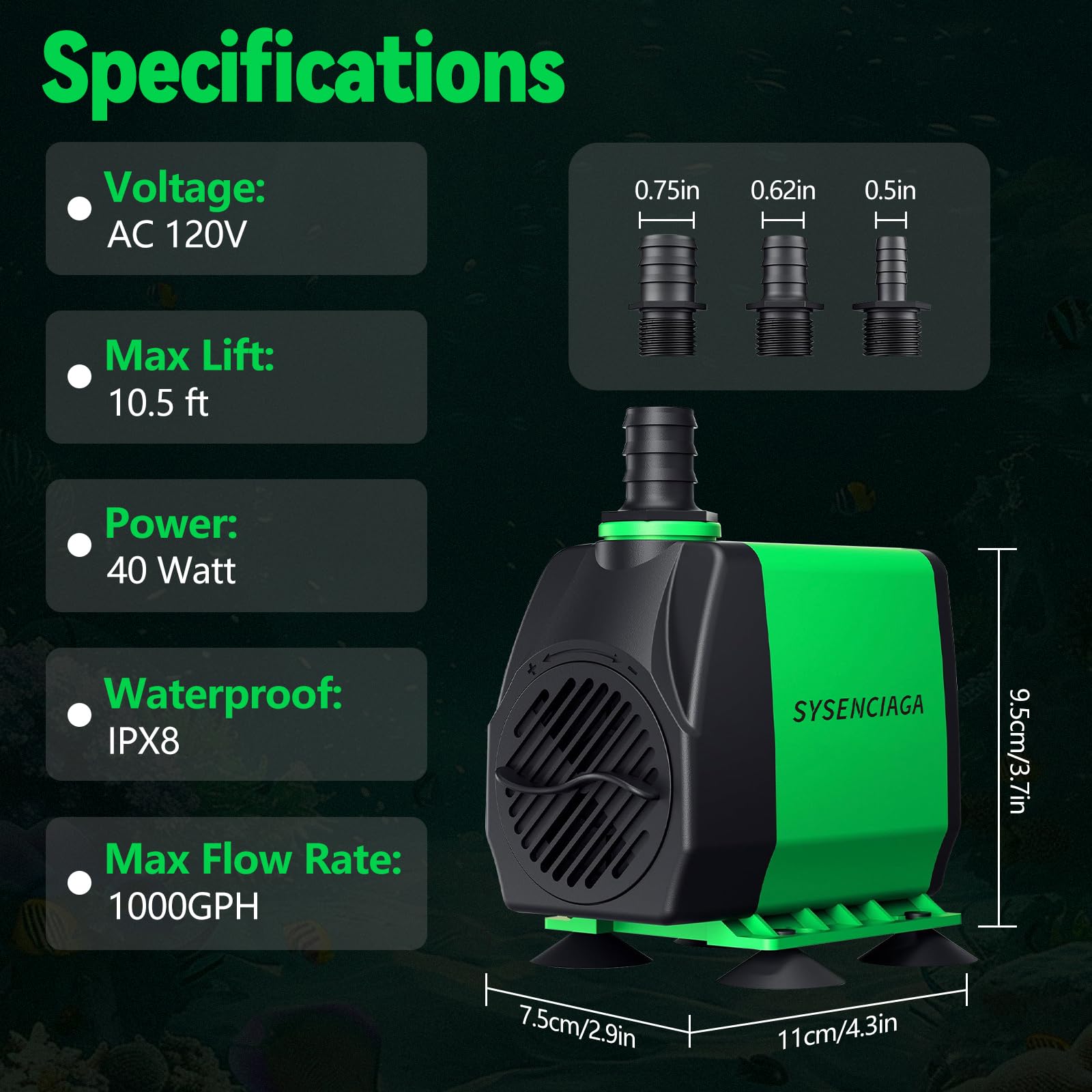 SYSENCIAGA 40W pump hydroponics ready for reliable water circulation.