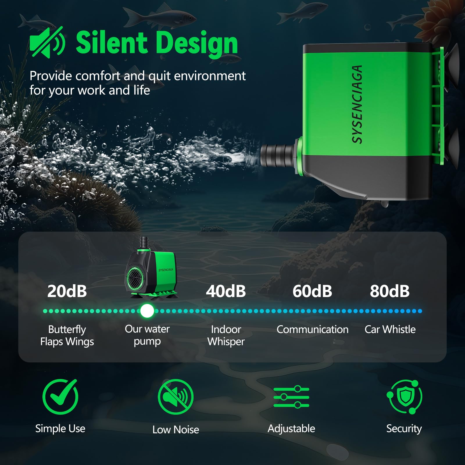 SYSENCIAGA 40W pump quiet motor operates with minimal noise.