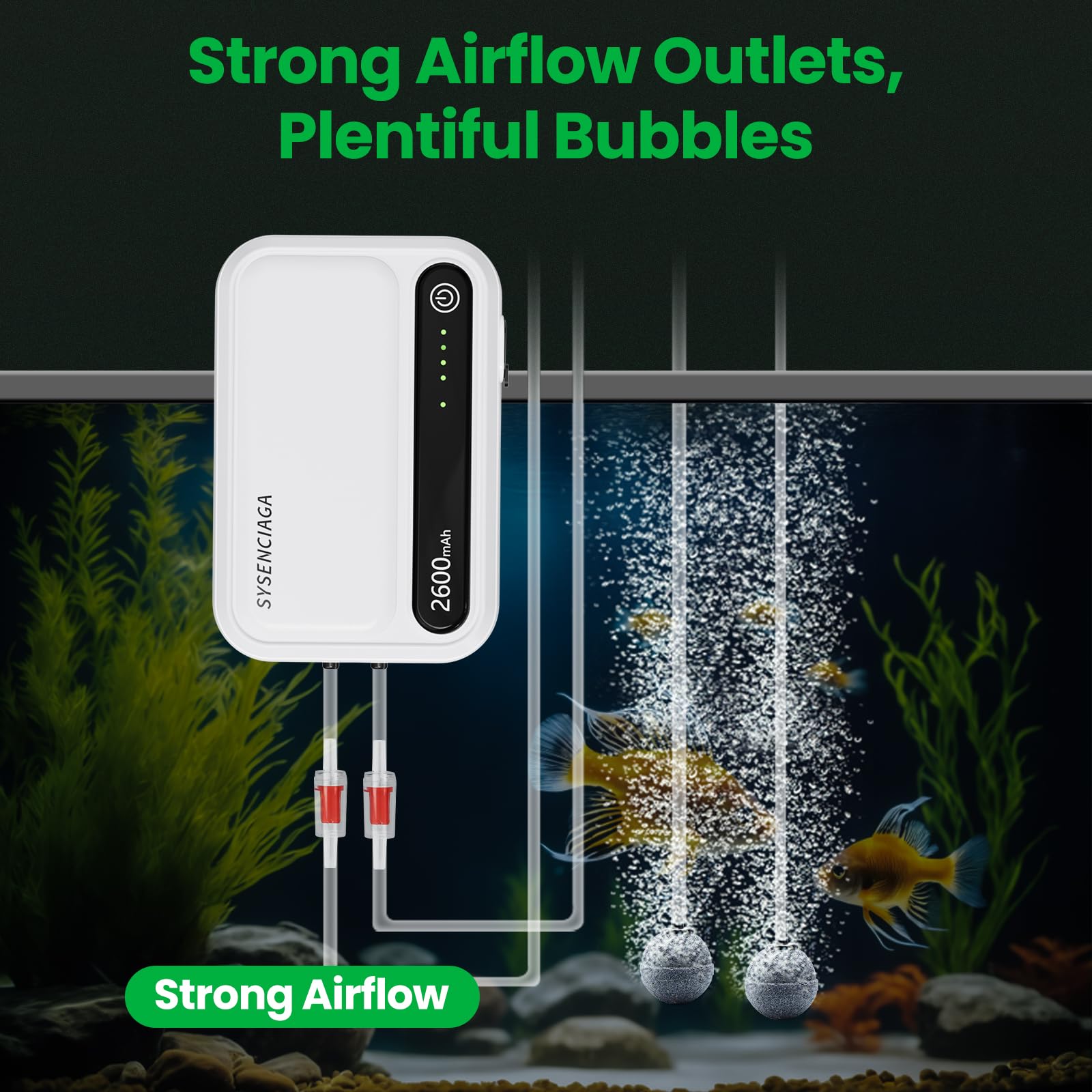 SYSENCIAGA aquarium air pump auto-switch view illustrating seamless AC to battery standby.